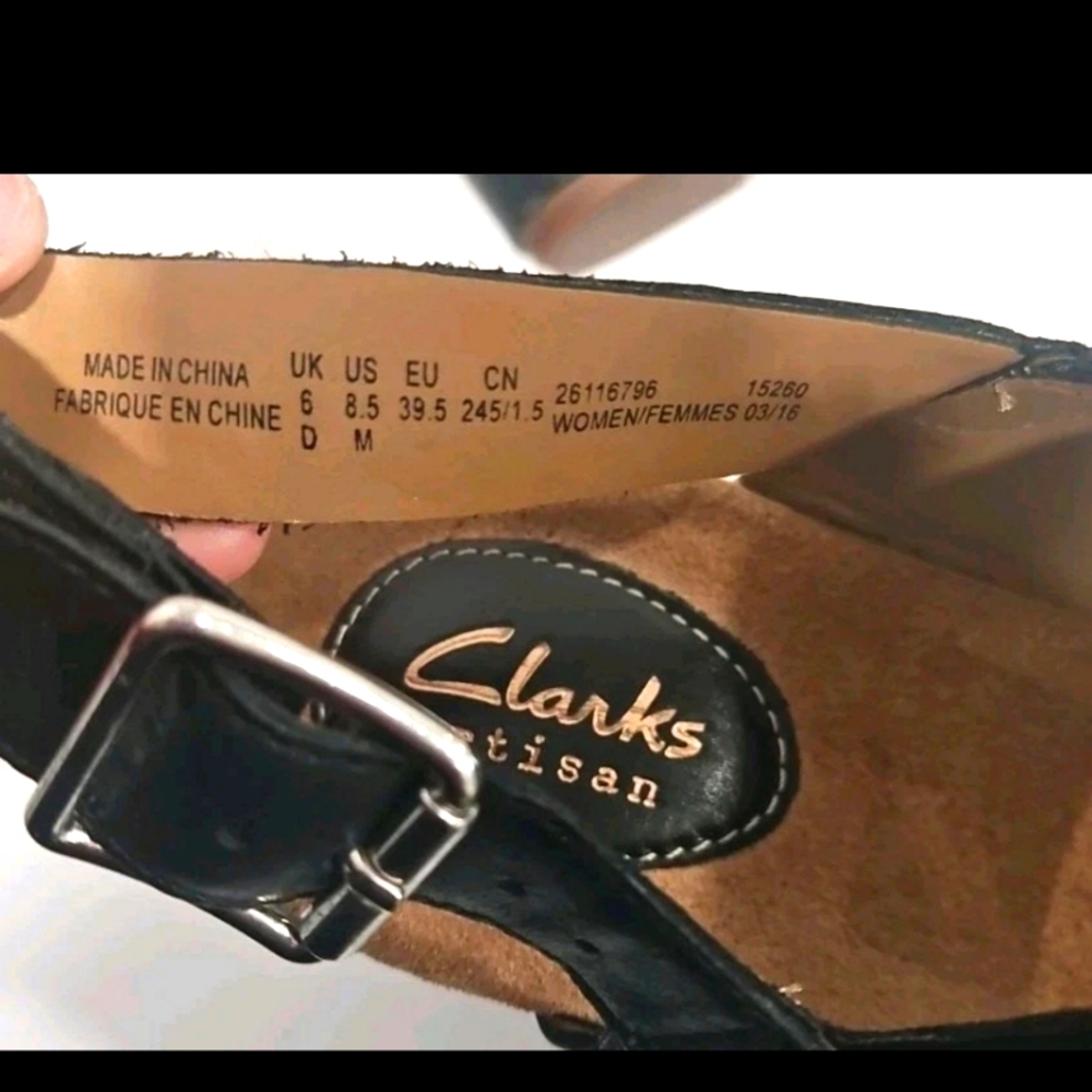 Clarks Black Leather Wedge Sandals with Buckle Strap - Picture 8 of 9
